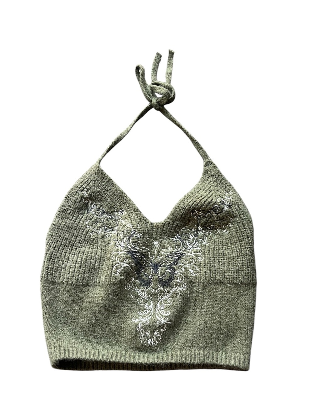 ROMWE Olive Halter Knit Camisole with Embroidered Butterfly